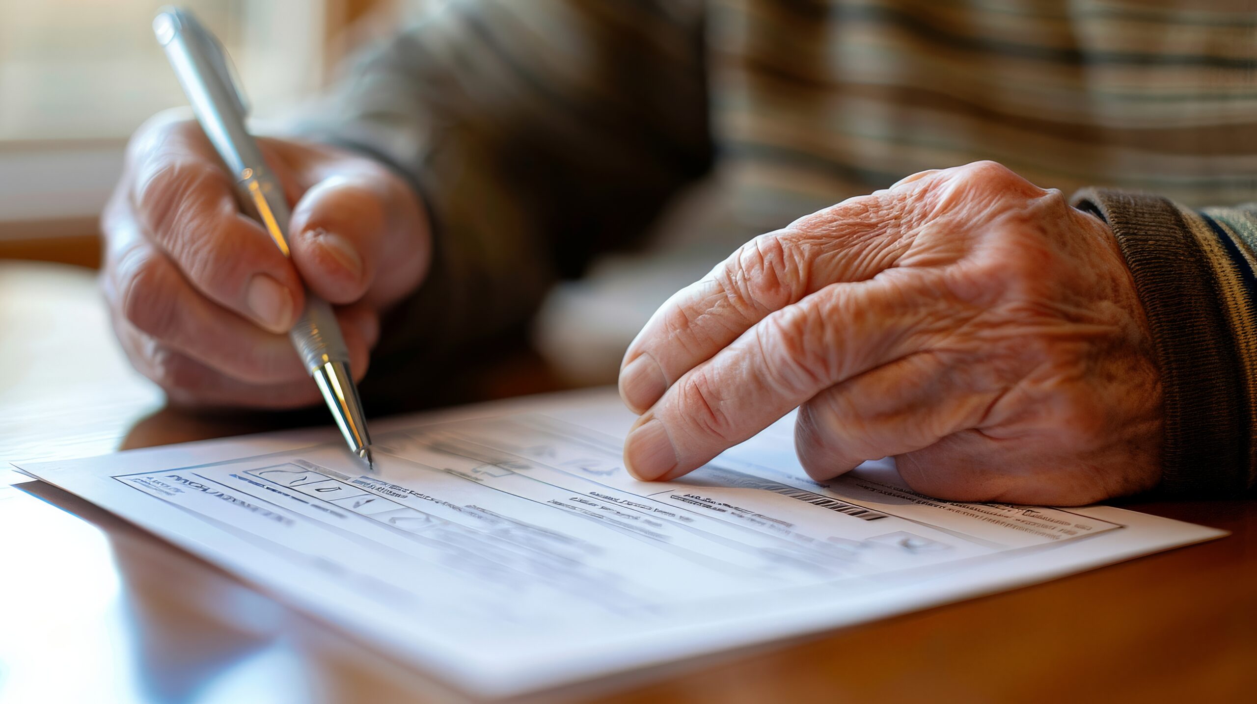 Person filling out a mail in ballot at home, pen in hand and focused expression Person filling out a mail in ballot at home, pen in hand and focused expression